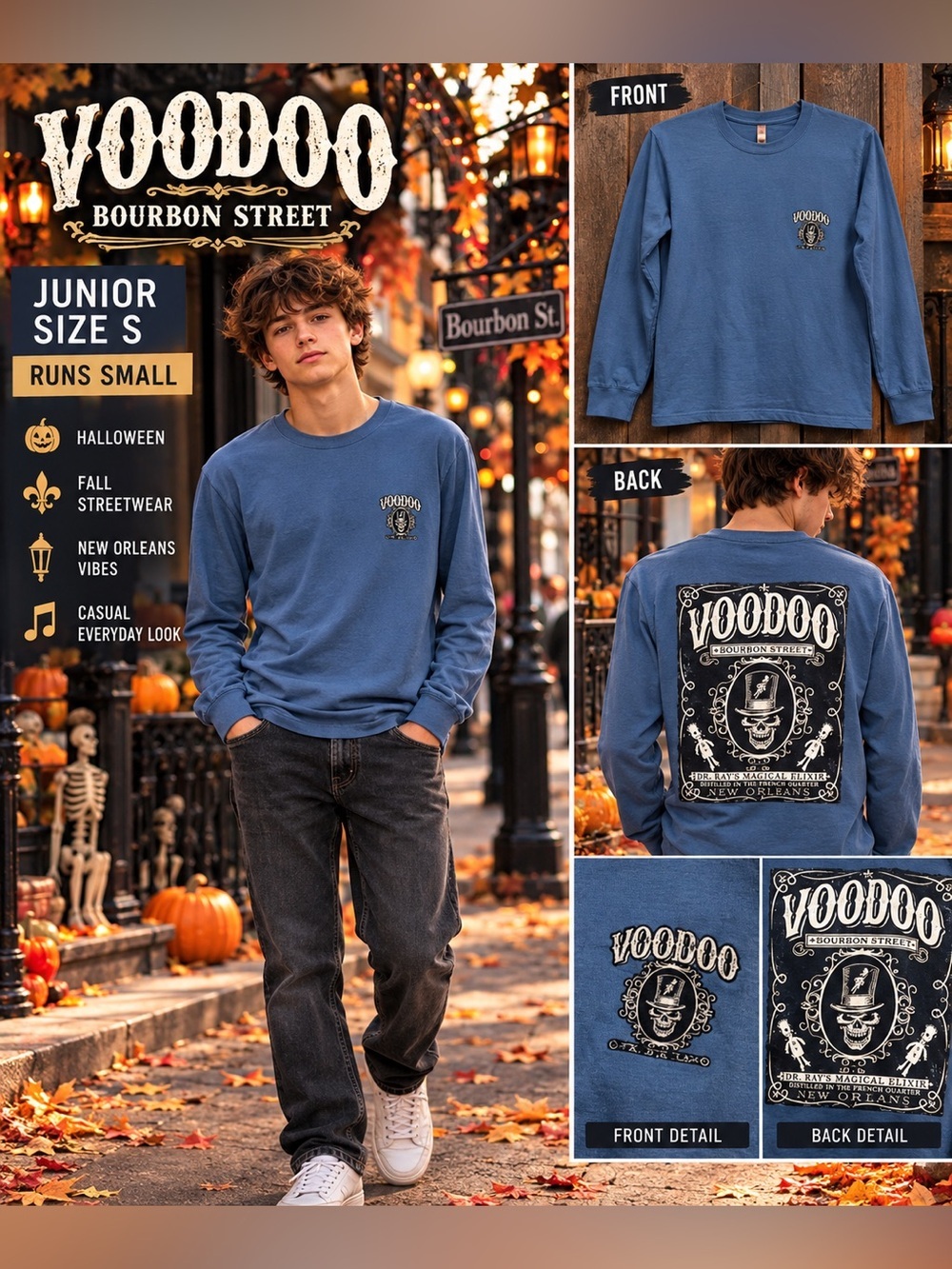 Voodoo Bourbon Street T Shirt New Orleans Dr Rays Magical Elixir Blue junior S